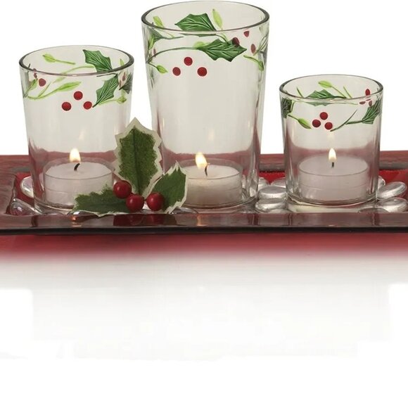 Pfaltzgraff Winterberry Christmas Holiday Votive Garden Set 3 Glass Candle Holde - Picture 2 of 9